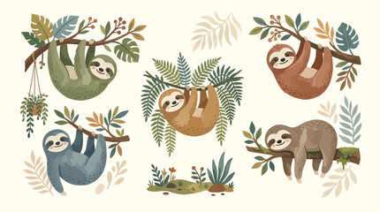 Naklejka premium Cute Sloth Collection Hanging on Branches with Tropical Leaves Isolated