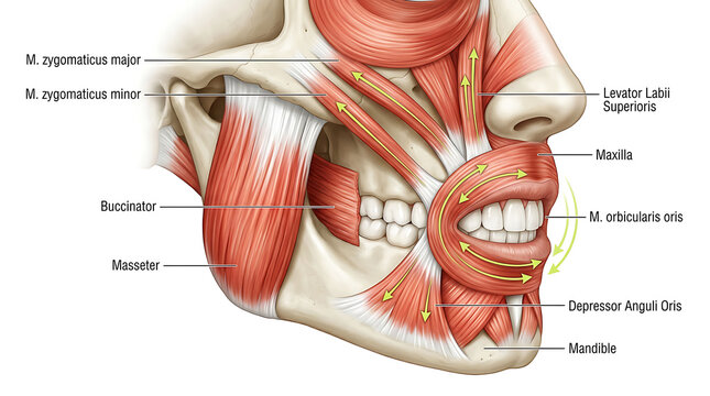 Detailed anatomical of human facial muscles, labeled