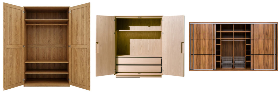 Diverse collection of modern wooden wardrobes and storage cabinets, open and closed, isolated on transparent background.