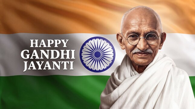 Mahatma Gandhi Portrait with Ashoka Chakra and Indian Tricolor Flag Background for Gandhi Jayanti Greeting Banner