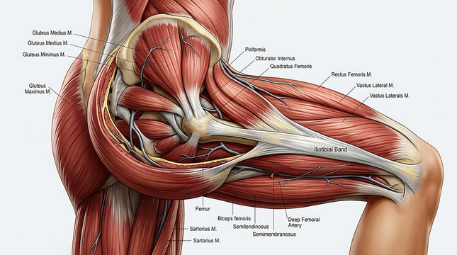 Detailed anatomical of human hip muscles and nerves