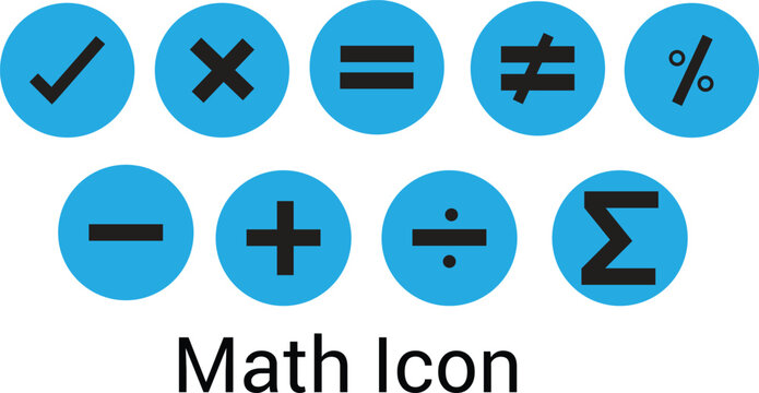 Math symbol icon collection set including plus minus multiply divide check equal sign vector graphic