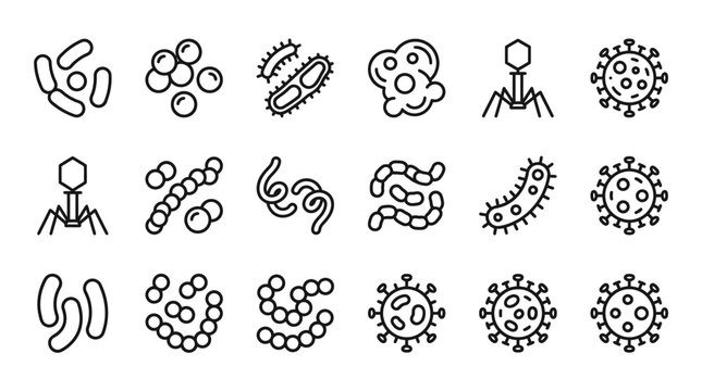 Set of various bacteria and virus icons in thin line style.