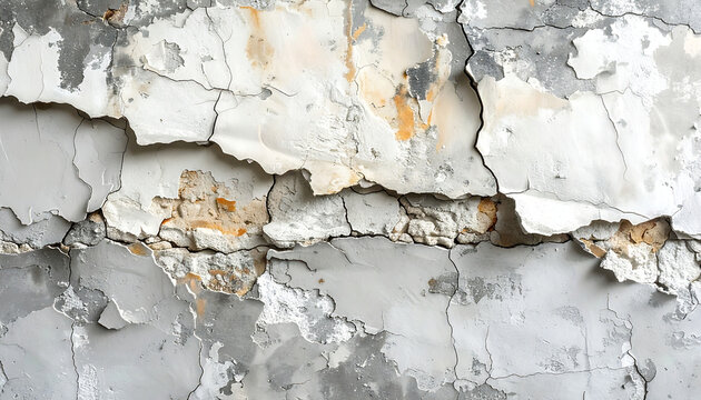 Close-up of a severely damaged and cracked concrete wall with peeling paint and crumbling plaster, showing signs of decay and neglect.