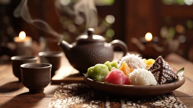 Traditional ceramic tea set and Asian sweets on wooden table.