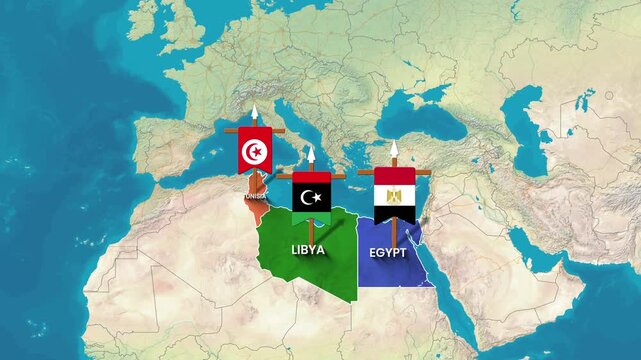 Tunisia, Libya, Egypt Regional Border and Flag Banner Map Animation