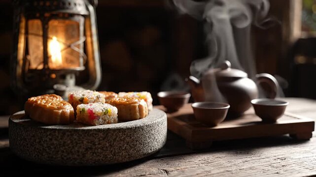 Traditional tea set and mooncakes outdoors.