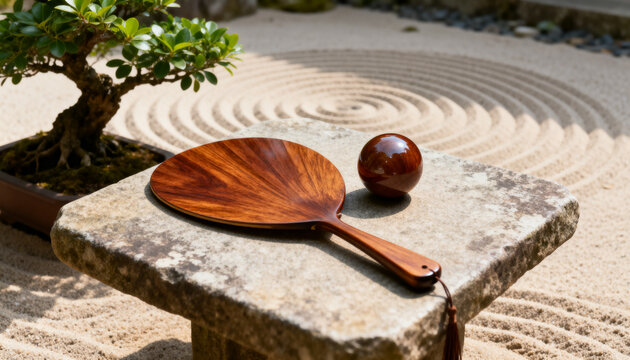 A traditional wooden tai chi fan and a smooth qigong ball placed on a stone table in a peaceful zen garden with raked sand and bonsai
