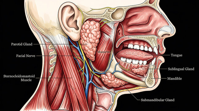 Detailed anatomical diagram of human head and neck glands and nerves
