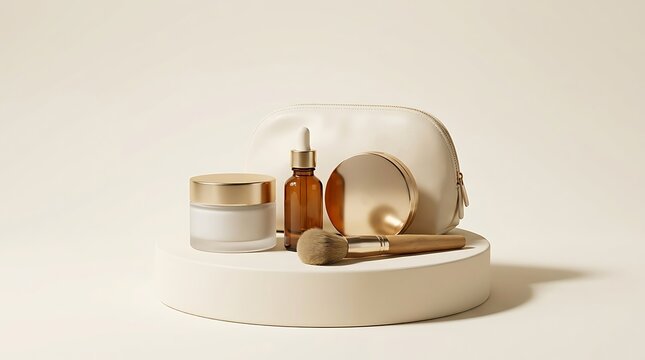 Set of beauty skincare products with face cream serum bottle and makeup brush on a round display base. beauty kit deals