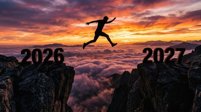 Man jumping from 2026 to 2027 concept