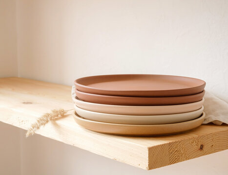 stack of ceramic dinner plates in terracotta, beige, and cream tones displayed on a natural wooden shelf