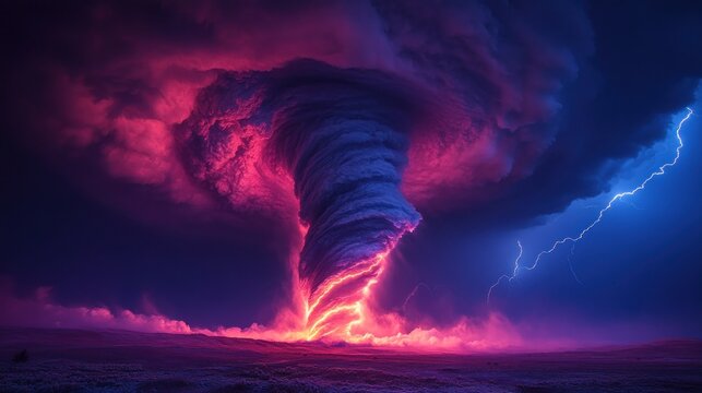 Massive tornado, vibrant colors, dark clouds, lightning