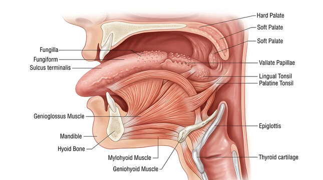 Detailed anatomical diagram of human tongue and oral cavity structures