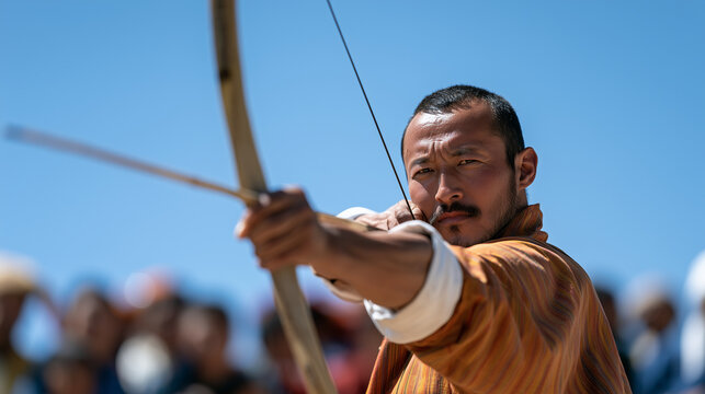 Focusing Traditional Archer Competing During The Annual Laya Highland Festival Cultural Event