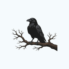 Fototapeta premium Halloween Raven perched on bare branch illustration, vector bird on tree limb, dark feathered crow nature silhouette, moody gothic animal graphic icon