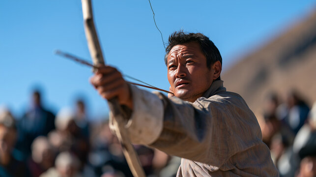 Focused Archer Demonstrating Traditional Archery Skills During The Annual Laya Highland Festival