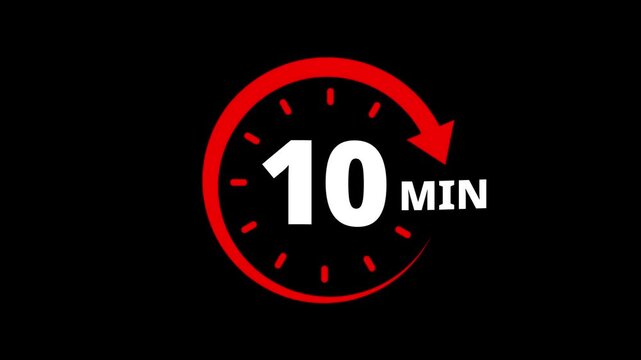 Red circular timer icon indicating 10 minutes countdown with arrow animation. 10 minutes clock timer. Timer 10 minutes countdown clock with circular arrow. 10 Min arrow clock icon animation.