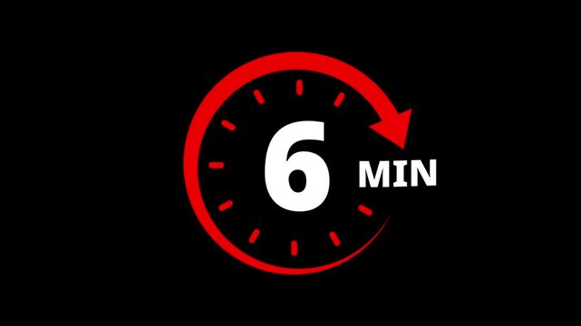 Red circular timer icon indicating 6 minutes countdown with arrow animation. 6 minutes clock timer. Timer 6 minutes countdown clock with circular arrow. 6 Min arrow clock icon animation.