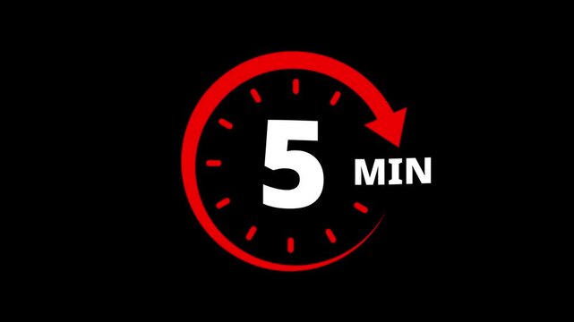 Red circular timer icon indicating 5 minutes countdown with arrow animation. 5 minutes clock timer. Timer 5 minutes countdown clock with circular arrow. 5 Min arrow clock icon animation.