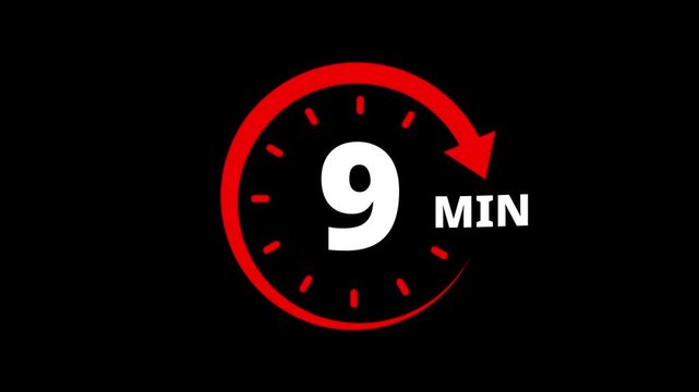 Red circular timer icon indicating 9 minutes countdown with arrow animation. 9 minutes clock timer. Timer 9 minutes countdown clock with circular arrow. 9 Min arrow clock icon animation.