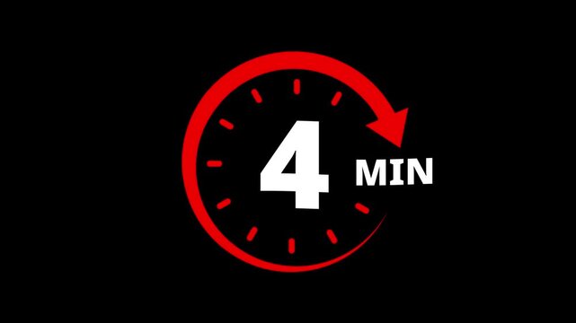 Red circular timer icon indicating 4 minutes countdown with arrow animation. 4 minutes clock timer. Timer 4 minutes countdown clock with circular arrow. 4 Min arrow clock icon animation.
