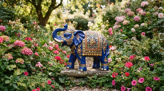 Ornate blue and gold elephant figurine placed on a stone surface surrounded by vibrant pink and green garden flowers