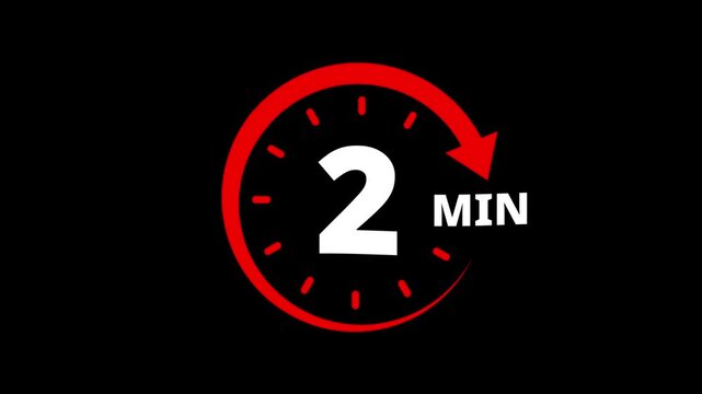 Red circular timer icon indicating 2 minutes countdown with arrow animation. 2 minutes clock timer. Timer 2 minutes countdown clock with circular arrow. 2 Min arrow clock icon animation.