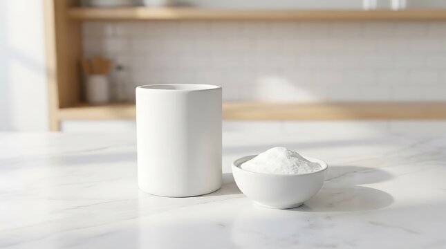 A small white bowl with baking soda and a matching cup on a clean marble kitchen counter surface. baking soda container