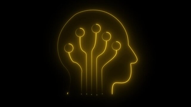 Glowing neon ai-brain icon isolated on black background Video motion graphic animation icon artificial intelligence 4k.