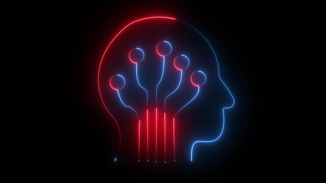 Glowing neon ai-brain icon isolated on black background Video motion graphic animation icon artificial intelligence 4k.