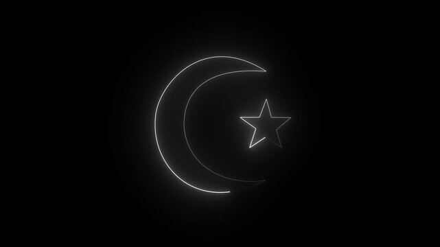 Blue Neon Crescent Moon and Star on Black - A glowing blue neon sign depicting the Islamic symbol of a crescent moon and star on a black 4k video.