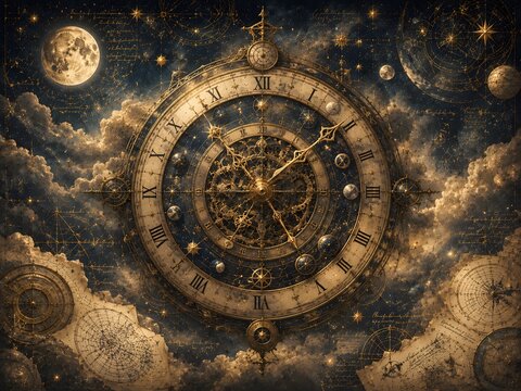 Cosmic steampunk astrolabe in motion