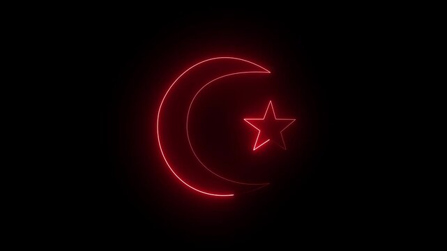 Blue Neon Crescent Moon and Star on Black - A glowing blue neon sign depicting the Islamic symbol of a crescent moon and star on a black 4k video.