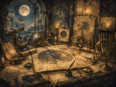 Astronomer's celestial workshop at night