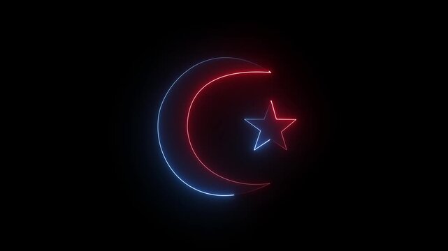 Blue Neon Crescent Moon and Star on Black - A glowing blue neon sign depicting the Islamic symbol of a crescent moon and star on a black 4k video.