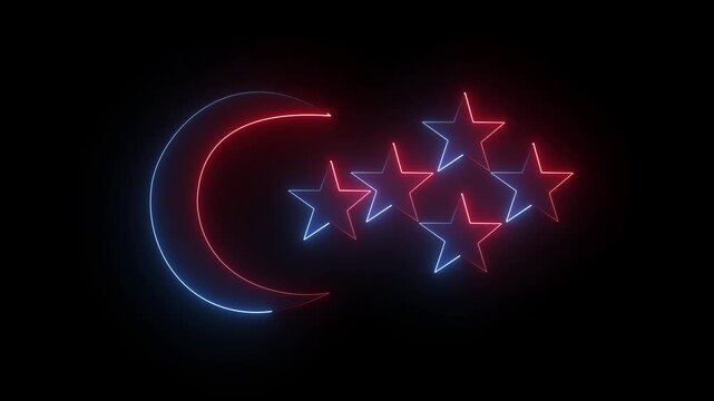 Blue Neon Crescent Moon and Star on Black - A glowing blue neon sign depicting the Islamic symbol of a crescent moon and star on a black 4k video.