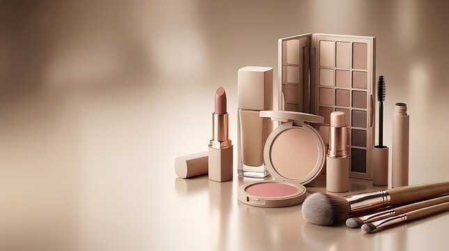 Set of professional makeup cosmetics and beauty products with brushes on a reflective surface. makeup combo offers