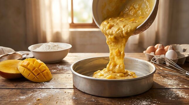 Fresh cake batter being poured into a round metal baking pan on a rustic wooden kitchen table. Mango cake recipe 