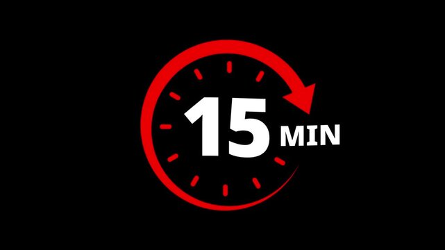 Red circular timer icon indicating 15 minutes countdown with arrow animation. 15 minutes clock timer. Timer 15 minutes countdown clock with circular arrow. 15 Min arrow clock icon animation.