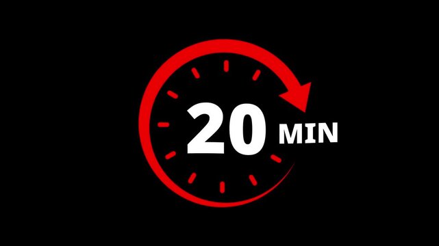 Red circular timer icon indicating 20 minutes countdown with arrow animation. 20 minutes clock timer. Timer 20 minutes countdown clock with circular arrow. 20 Min arrow clock icon animation.