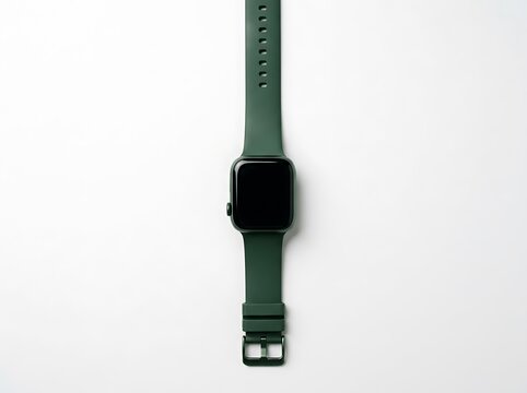 Modern smartwatch with green silicone strap isolated on white background