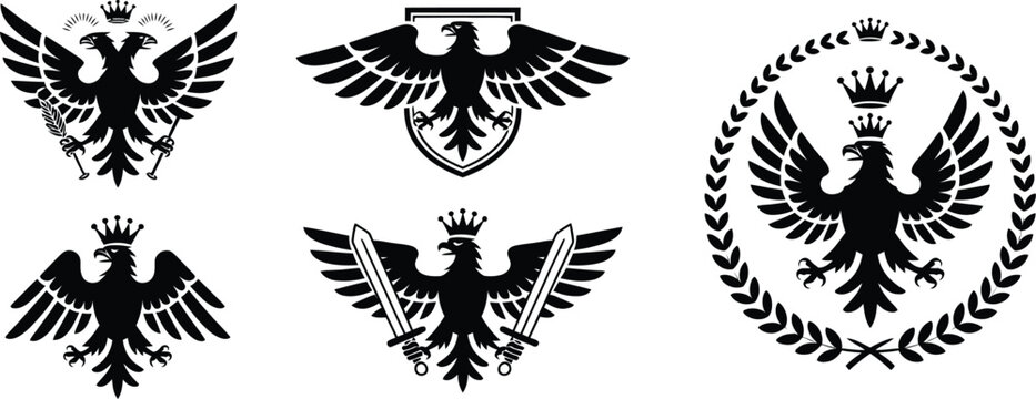 Double headed eagle crest and shield silhouette set featuring heraldic emblems, royal symbols and ornamental designs for logos, badges, coats of arms and traditional branding.