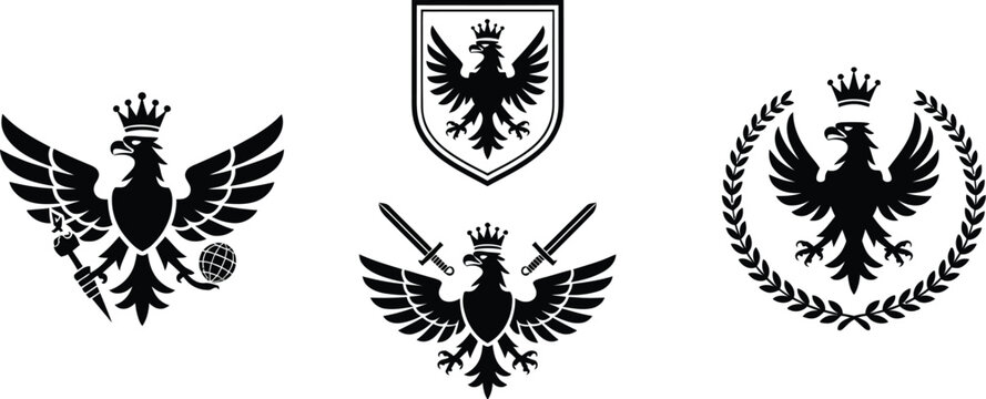 Double headed eagle crest and shield silhouette set featuring heraldic emblems, royal symbols and ornamental designs for logos, badges, coats of arms and traditional branding.