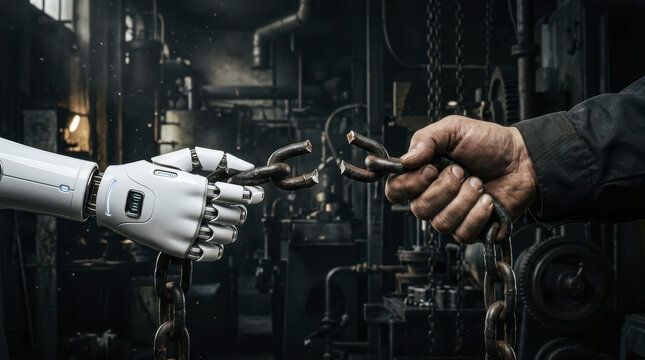 Robotic hand collaborates with human hand to break chains in industrial setting symbolizing unity