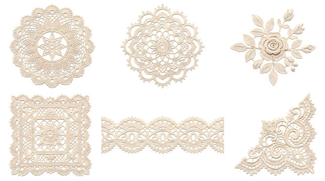 Set of vintage lace doilies, floral embroidery, and decorative borders isolated on transparent background