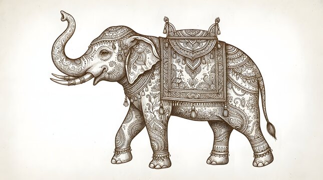Ornate decorative indian elephant drawing with intricate patterns, isolated on white background