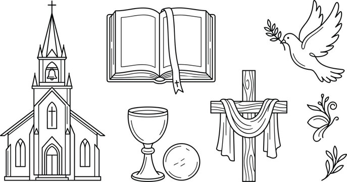 Christian religion and church vector line icon set featuring chapel holy bible cross with shroud eucharist chalice and peace dove with olive branch