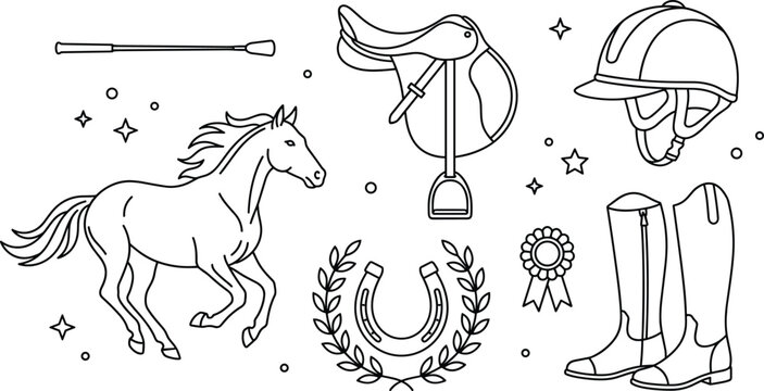 Equestrian horse riding sport vector line icon set featuring running horse saddle helmet boots horseshoe whip and championship award ribbon on white background