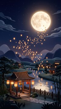 Mid Autumn Festival night landscape showing traditional pavilion by river with floating sky lanterns and large full moon above mountains illustration